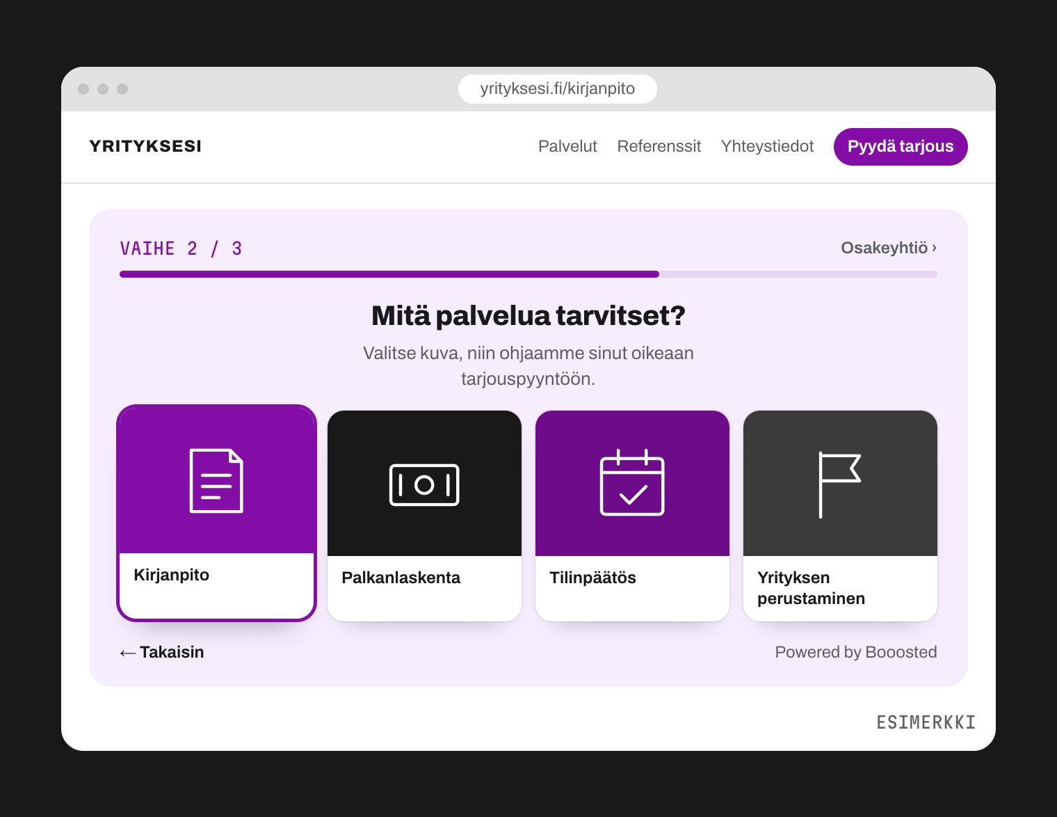 Esimerkki: LeadPath tilitoimiston sivulla, vaihe 2/3, jossa kävijä valitsee kuvakorteista tarvitsemansa palvelun