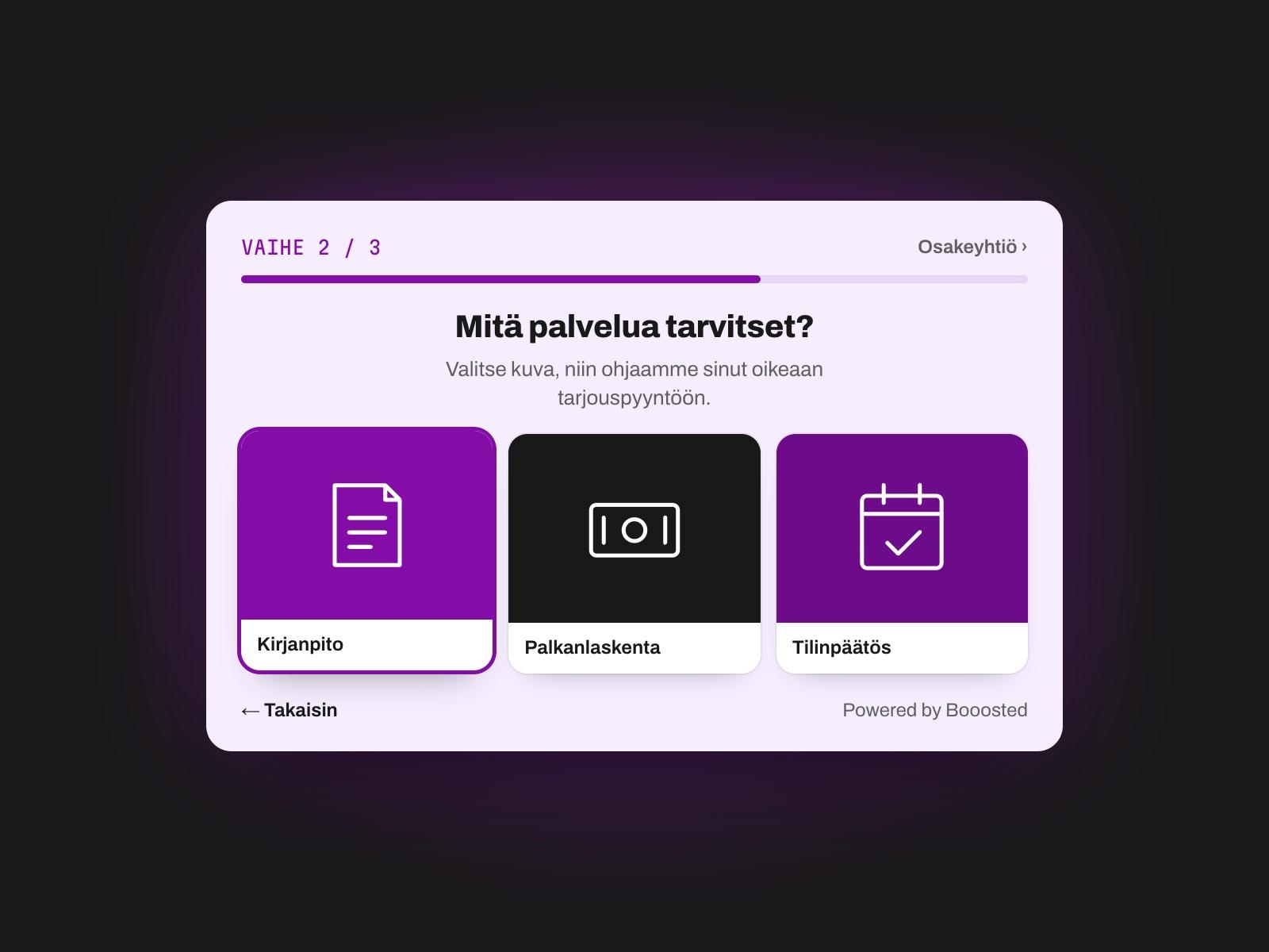 Esimerkki: LeadPath-polku, jossa kävijä valitsee kuvakorteista tarvitsemansa palvelun