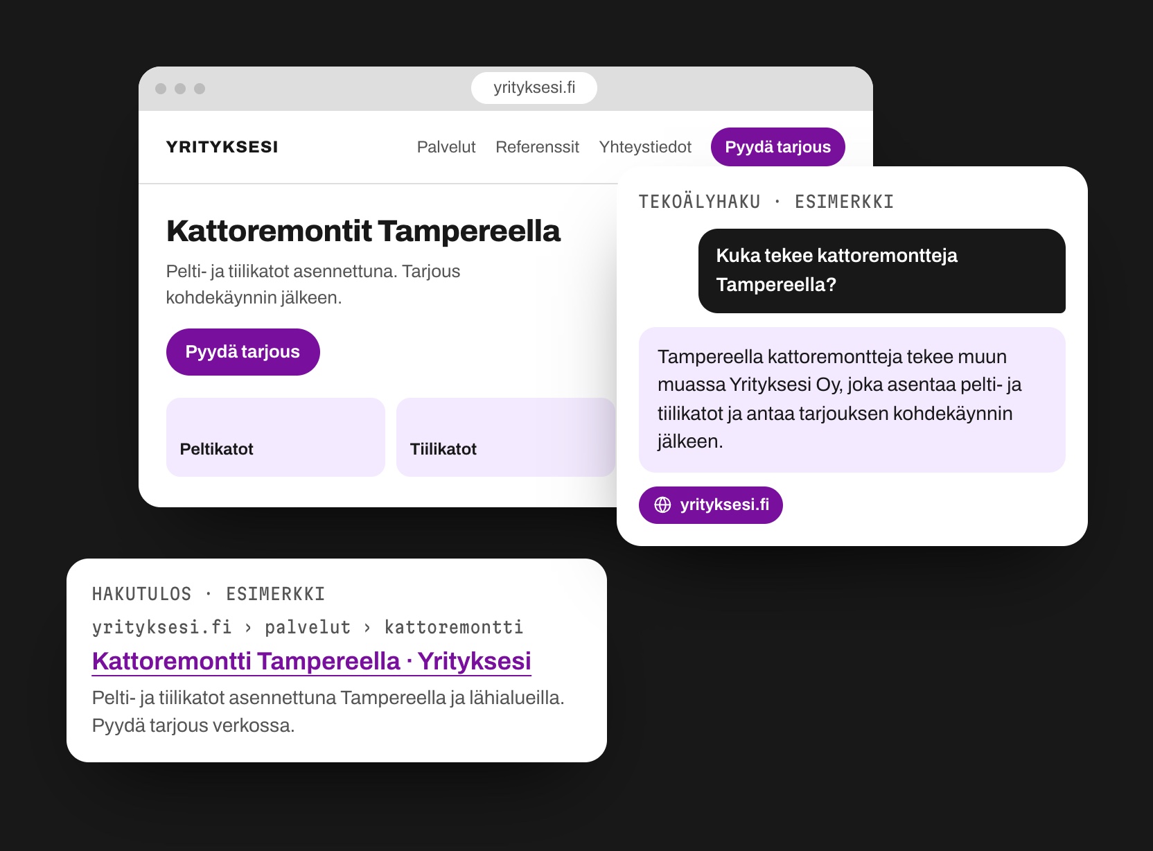 Esimerkki: yrityksen sivusto löytyy sekä hakutuloksista että tekoälyhaun vastauksesta